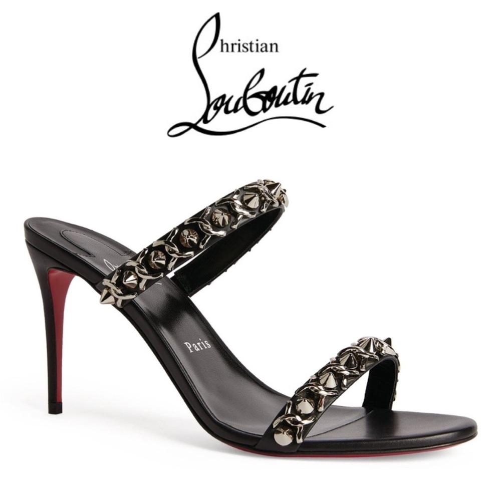 NWT Christian Louboutin Just Chain 85 Black Kid Leather Slide Spike Sand…